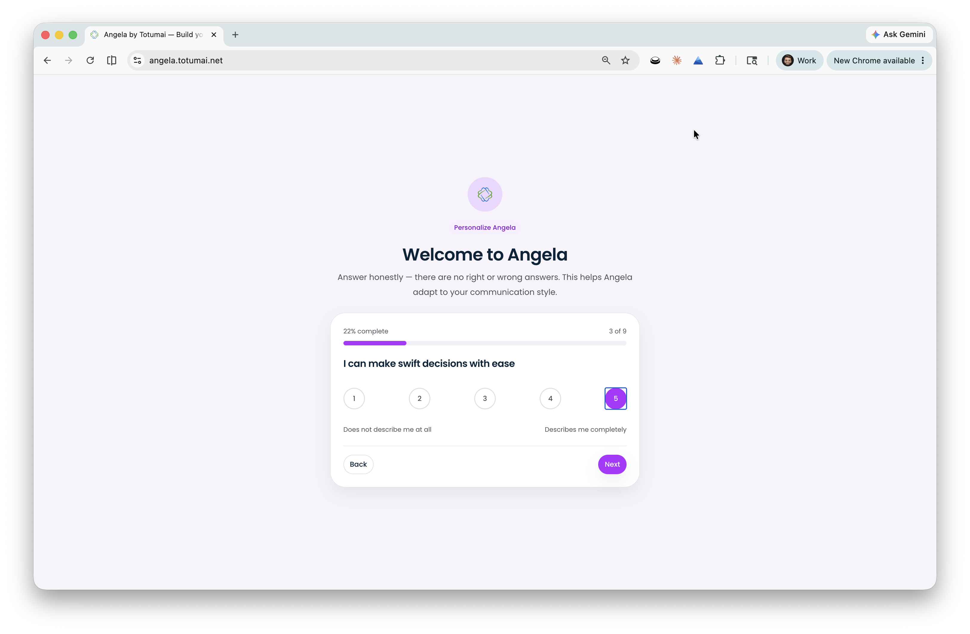 Angela development app asking an anonymous user about their communication style during onboarding.